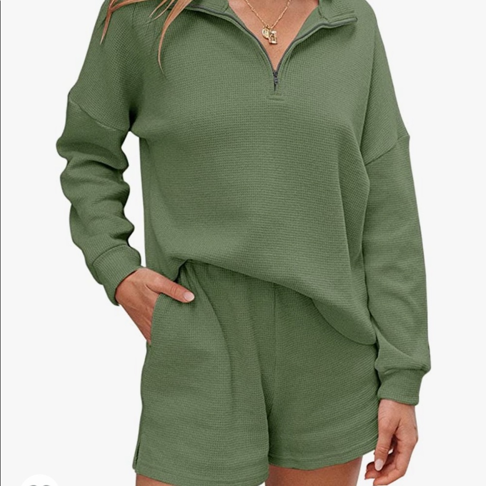 Women’s waffle Knit Pajama Set Half Zip Long Sleeve 2 Piece